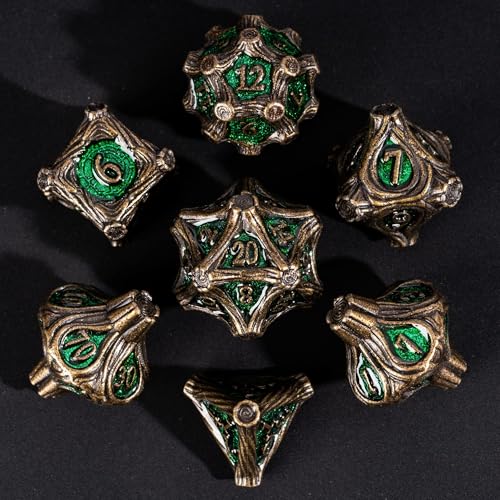 7PCS Metal DND Dice Bronze Green Metal Dice Set D&D for Board Games | Leather Storage Bag, DM Gift, for Dungeons and Dragons Role Playing Games - color: Metal Tree-bronzegreen