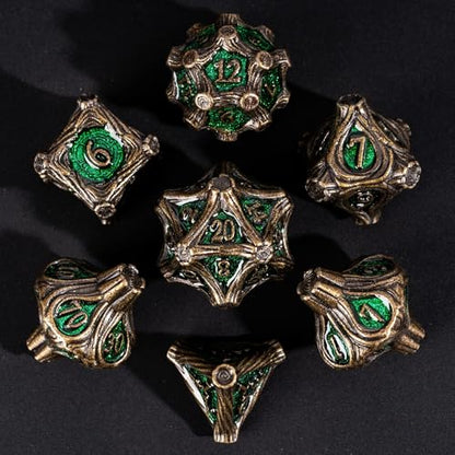 7PCS Metal DND Dice Bronze Green Metal Dice Set D&D for Board Games | Leather Storage Bag, DM Gift, for Dungeons and Dragons Role Playing Games - color: Metal Tree-bronzegreen