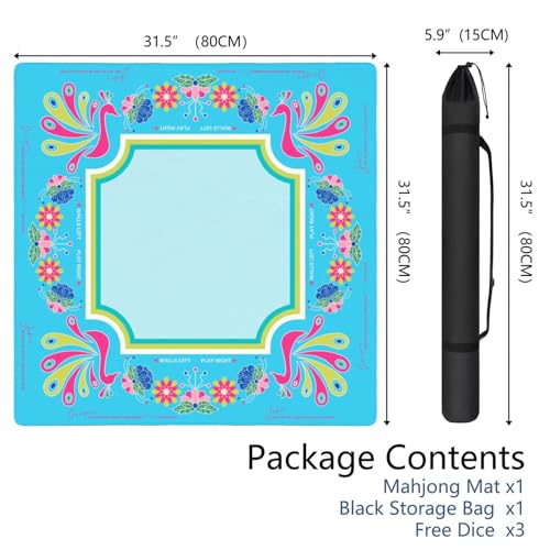 Mahjong Mat for Table with Carrying Bag & 3 Dice, Turquoise Peacock 31.5"x31.5" Square Rubber Mahjong Table Cover, Non-Slip & Noise Reduction Gaming Mat for Mah Jongg, Poker, Dominoes & Tile Games - color: Turquoise