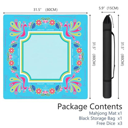 Mahjong Mat for Table with Carrying Bag & 3 Dice, Turquoise Peacock 31.5"x31.5" Square Rubber Mahjong Table Cover, Non-Slip & Noise Reduction Gaming Mat for Mah Jongg, Poker, Dominoes & Tile Games - color: Turquoise