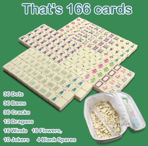 Mini Mahjong Set,American Mahjong Game Set,Complete Mahjong Tile Set with 166 White Tiles (0.8’’),4 Tile rulers,4 dice,1 Bag,5 Instruction Manuals,Perfect Mahjong Game Gift for Enthusiasts