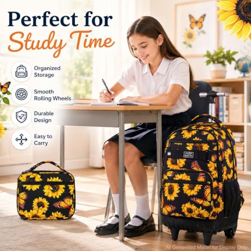 3Pcs Rolling Backpack for Girls Women, Travel Roller Backpacks with Wheels for Adults, Teens College Sunflower Wheeled Bookbag with Lunch Box(Yellow) - color: Sun Flower
