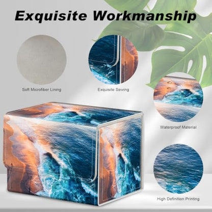 Magnetic Closure TCG Deck Box Portable Card Holder Trading Card Deck Box | PU Leather Collectible Card Case Game Trading Card Deck Box Storage Scratch Resistant Lining, Aerial Sunset Beach Ocean Wave - color: Aerial Sunset Beach Ocean Wave