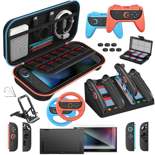 ivoler 22-in-1 Accessories Bundle Kits for Nintendo Switch 2 - Includes Carrying Case, Protective Cover, Charging Dock,Screen Protectors, Steering Wheels, Game Stand,Grips for Joycon,Game Card Case - color: Carbon Black-22 in 1, size: 7.9''