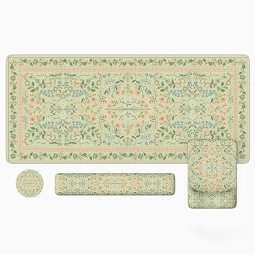 iLeadon Green Desk Mat Set, Keyboard with Wrist Rest and Mouse Pad | Cut Desk Mat for Keyboard and Mouse, Ergonomic Mouse Pad with Wrist Support, Floral Keyboard Mat for Home Office - color: Brown/Green