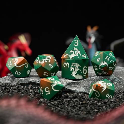 Dragon Theme Metal Dice Set,HNCCESG 7PCS Solid Zinc Alloy Polyhedral Dice with Magnetic Gift Box,Fantasy Role Playing Dice for DND Gifts (Green Orange Silver) - color: Green Orange Sliver Dragon