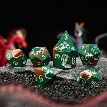 Dragon Theme Metal Dice Set,HNCCESG 7PCS Solid Zinc Alloy Polyhedral Dice with Magnetic Gift Box,Fantasy Role Playing Dice for DND Gifts (Green Orange Silver) - color: Green Orange Sliver Dragon