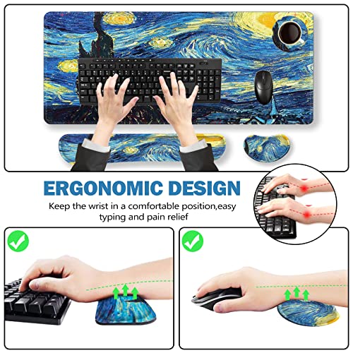 ToLuLu Large Mouse Pad, Memory Foam Keyboard Mouse Wrist Rest Support Set | Ergonomic Desk Mat with Stitched Edges, Gaming Extended Non-Slip Base Mousepad for Home Office, Van Gogh Starry Night - color: Van Gogh Starry Night