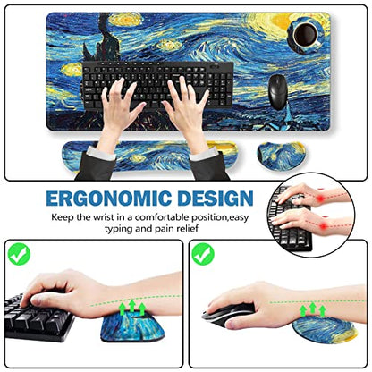 ToLuLu Large Mouse Pad, Memory Foam Keyboard Mouse Wrist Rest Support Set | Ergonomic Desk Mat with Stitched Edges, Gaming Extended Non-Slip Base Mousepad for Home Office, Van Gogh Starry Night - color: Van Gogh Starry Night