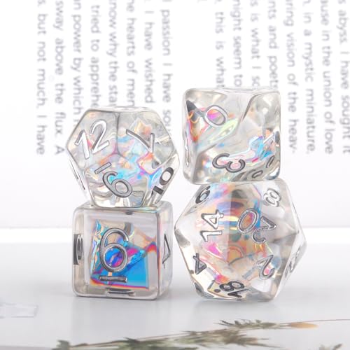 Haxtec Black Clear DND Dice Set 7PCS Filled Resin Polyhedral D&D Dice with Dice Bag, Iridescent Mylar Inclusion Dice for Roleplaying Games Dungeons and Dragons Gift - color: Black White