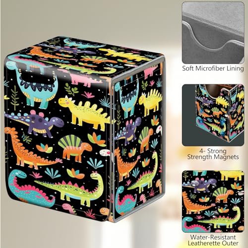 Card Deck Box, Card Storage Box Fits 100+ Single Sleeved Cards, Large Capacity PU Leather Card Storage Box with Strong Magnet for Magic Commander TCG CCG, Cartoon Dinosaurs - color: Cartoon Dinosaurs