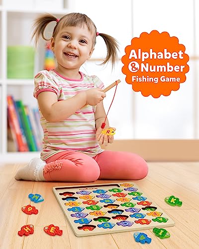 Coogam Magnetic Alphabet Numbers Fishing Game, Wooden ABC Letter Numbers Color Matching Puzzle Fine Motor Montessori Educational Toy for Preschool 3 4 5 Year Old Toddlers