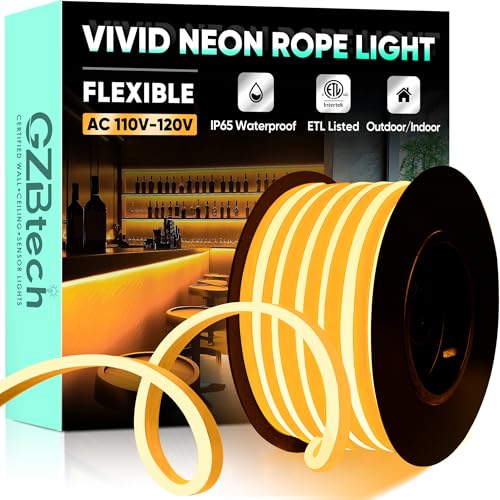 GZBtech Flexible LED Neon Rope Lights 33FT,AC 110-120V Waterproof Strip Light, 120 LEDs/M Cuttable Connectable Neon Lighting for Indoor Outdoor Home Decor/Commercial Building Use-Amber 10M, ETL Listed - color: Amber, size: 33FT