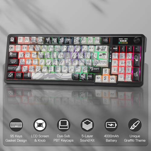 Redragon K719 PRO Wireless Gasket Gaming Keyboard w/Hype Screen & Knob, 95 Keys Mechanical Keyboard, Easy-Control 1.14’’ TFT Info Display, 5-Layer Noise Dampening, Street Graffiti Dye-Sub PBT Keycaps - color: Street Graffiti