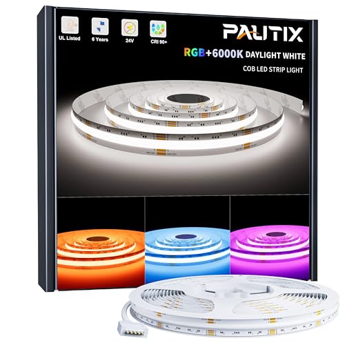 PAUTIX RGBW COB LED Strip Lights Bright 6000K Daylight White 24ft,UL-Listed Dotless LED Lights,24V Flexible Color Changing RGB Light for Game Room,Bedroom,Party(Power Supply & Controller Not Included) - color: RGB+6000K, size: 24 ft