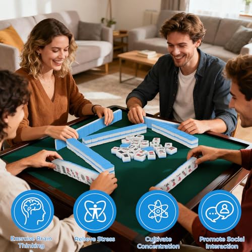 Mahjong Tile Set, 146pcs Professional Chinese Mahjong Set with Instruction Manual, Premium Mah Jongg Sets with Storage Box, 1.4" Mah Jong Tiles Easy to Grab, Game for Gathering, Party, Camping - color: Blue