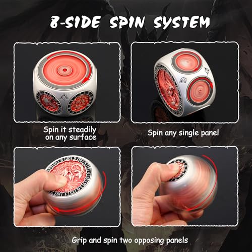 DNDND Dual D20 8-in-1 Spinner Metal Dice - Hexagonal Spinning D&D Monster Themed Dice Set for TTRPG Dungeons and Dragons, Dungeon Masters with Collectible Gift Tin (Silver with Red) - color: Silver Red