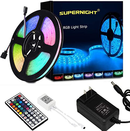 SUPERNIGHT RGB LED Strip Lights with Remote Controller & Power Supply | Color Changing, 16.4Ft SMD5050 300LEDs, Flexible, Cuttable, 44-key IR Remote, 12V Power Adapter, for Bedroom TV Backlight