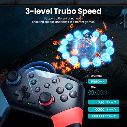 VOYEE Switch Controllers Compatible with Switch/Lite/OLED, Programming Wireless Pro Controller with Motion Control, Vibration, Wake-up, Turbo, Screenshot - color: Red+Blue