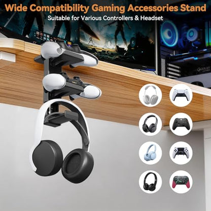 Headphone Stand & Under Desk Controller Holder with Adjustable Clamp, Controller Stand & Headset hanger for Desk Mount with 360° Rotating Hook & Cable Organizer 3-in-1 Game Organizer, Headphone Cases - size: 3 Hooks