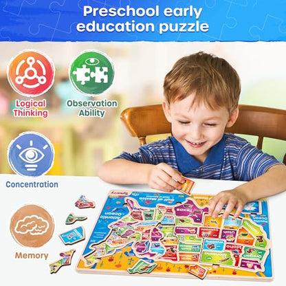 SYNARRY Large USA Wooden Puzzles for Kids Ages 3-5, Learning United States Map Puzles for Kids Ages 4-6, Wood Jigsaw Puzzles Educational Games Toys Gifts for Boys Girls Ages 3-8 - style: USA Map