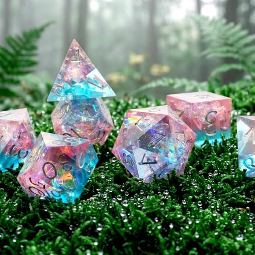 Haxtec Sparkling Sharp Edge Dice Set - Handmade Resin DND Dice with Iridescent Mylar Inclusion, Light Purple and Blue Color Mix-Enchanted Stardust - color: Light Blue Pink