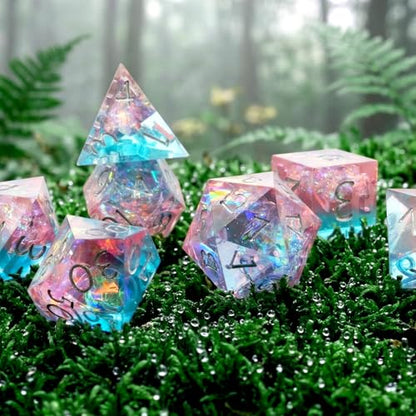 Haxtec Sparkling Sharp Edge Dice Set - Handmade Resin DND Dice with Iridescent Mylar Inclusion, Light Purple and Blue Color Mix-Enchanted Stardust - color: Light Blue Pink