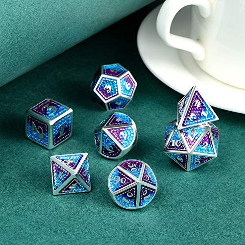 Dragon Scale Metal Dice Set D&D, DNDND 7 PCS Metallic Dungeons and Dragons with Gift Metal Case DND Dice (Blue and Purple with Silver Edge) - color: Blue and Purple With Silver Edge