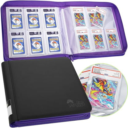 FunGuys Graded Card Binder, 60 PSA Slab Holder, 6 Pocket Graded Card Storage, Slab Binder, PSA Card Graded Display Case Album, Zipper, MTG Card Collection Binder - color: Black and Purple
