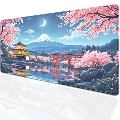 Cherry Blossom Large Mouse Pad Desk Pad, 27.5x11.8in Mount Fuji Keyboard Mouse Mat with Stitched Edges, Waterproof Non-Slip Rubber Base for Office Laptop Computer Home - color: Mount Fuji Cherry Blossom Moon
