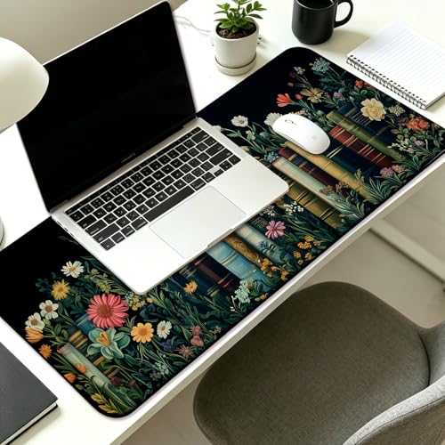 Fantasy Pretty Wildflower and Book Gaming Desk Mat, Computer Keyboard Large Extended Long Floral Mouse Pad for Office and Home, XL (W02) - color: W02