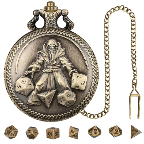 Mini DND Dice Set, Hand Held Dice Wizard Pocket Watch Shell Case, 7 Piece Polyhedral Metal D&D Dice Set, DND Gifts with Gift Box, Role Playing Board Game Accessories, Bronze - color: Bronze