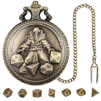 Mini DND Dice Set, Hand Held Dice Wizard Pocket Watch Shell Case, 7 Piece Polyhedral Metal D&D Dice Set, DND Gifts with Gift Box, Role Playing Board Game Accessories, Bronze - color: Bronze