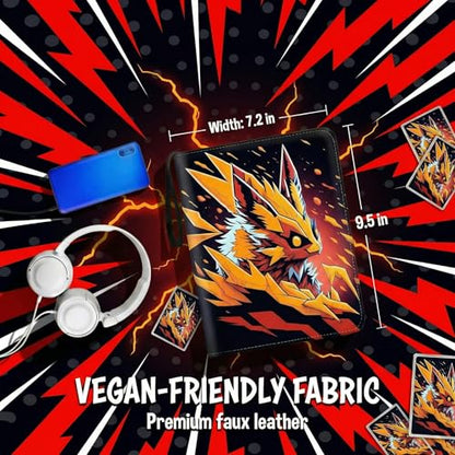 Trading Card Binder Small 4 Pocket,capacity of 400 Cards, 50 Clear Sheets Included, 3 Rings And Zipper, Cards Binder, Collector Binder, Water Proof with Dragon Design (Red Fox, Small) - color: Red Fox, size: Small