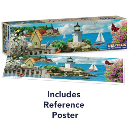 Bits and Pieces 500 Piece Panoramic Puzzle - Seacoast Serenity - Large 12" x 36" Jigsaw Puzzles for Adults 500 Pieces Seascape Ocean Lighthouse Birds, No 2 Pieces Alike - size: 500 Piece Puzzle