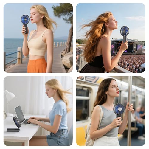 HandFan Upgraded 10,000 mAh Quiet Handheld Fan - 4.5 Inch Large Hand Held Fans Reahargeable, 180° Foldable Portable Fan [30 Working Hours] with Lanyard, Base for Disney/Travel/Concerts/Beach/Office - color: Blue‑Blade Black