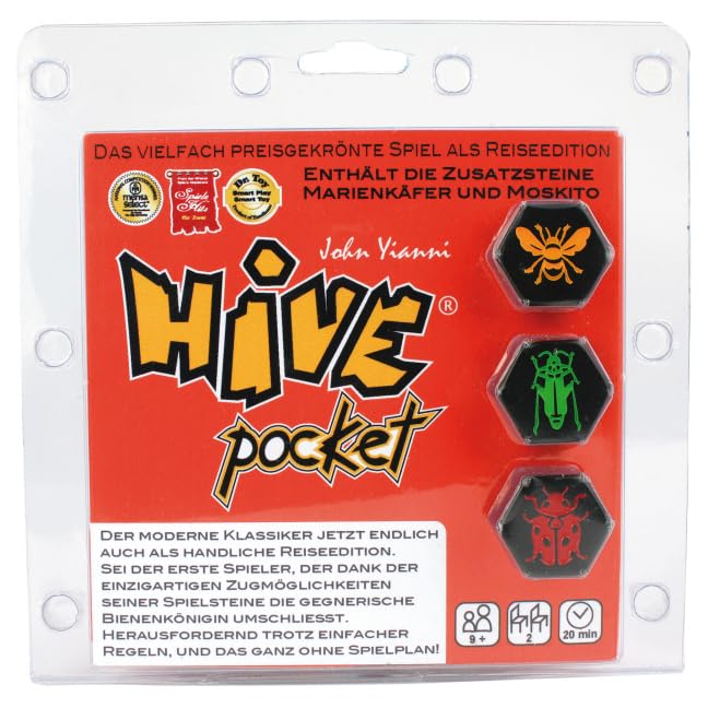 Hive Pocket Game by Smart Zone Games | Portable Abstract Strategy Game for 2 Players | Includes Ladybug and Mosquito Expansions | Compact Travel Edition of the Award Winning Hive Strategy Game