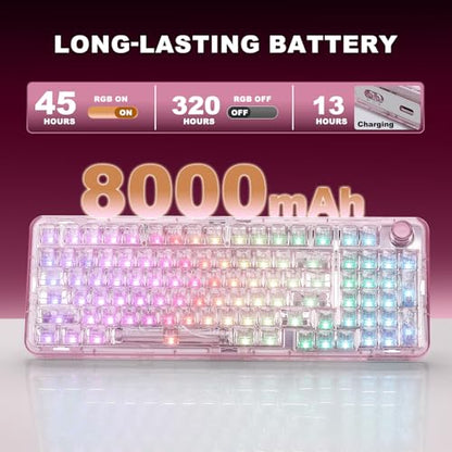 YUNZII X98 Wireless Mechanical Keyboard with Knob (Pink, Crystal Switch) | BT5.0/USB-C/2.4GHz,1800 Layout with Number Pad,Pre-lubed Switches Gasket Mount ,Clear Keyboard with RGB for Wins/Mac/Gaming - color: Pink, size: Crystal Switch