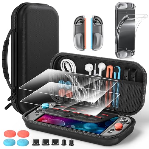 Accessories for Nintendo Switch 2 2025, Portable Hard Shell Carrying Case with 2 HD Screen Protectors (7.9 Inch), TPU Protective Skin, Dust Plugs Kit, 4 Thumb Grips – Switch 2 Accessories Bundle - color: Pure Black