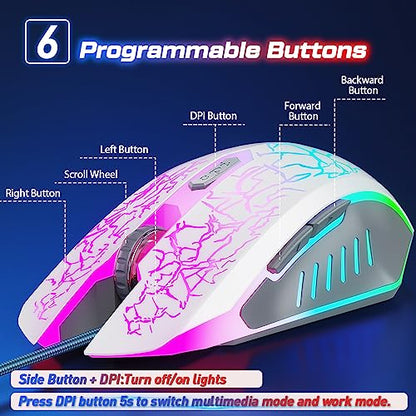 VersionTECH. Wired Gaming Mouse, Computer Mouse Ergonomic Mice with 7 LED Lights RGB Backlit, 6 Programmable Buttons, 4 Adjustable DPI for Laptop PC Gamer Desktop Chromebook Mac Games-White - color: white