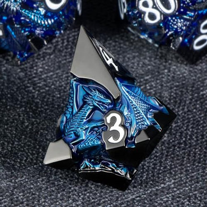 Roycevon Relief Dragon DND Dice Set for Role Playing Game, 7Pcs Metal D&D Dice Set Dungeons Dragons with Gift Box, Polyhedral D and D Dice D20 D12 D10 D8 D6 D4, Blue and White - color: Blue and White