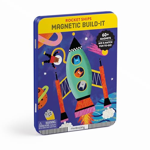 Mudpuppy Rocket Ships Magnetic Build-It Game – Magnetic Toys for Ages 4+, Fun & Compact Travel Activity for Kids, Includes 60+ Magnets and Durable Storage Tin