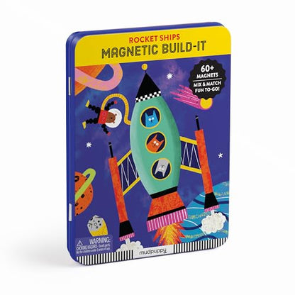 Mudpuppy Rocket Ships Magnetic Build-It Game – Magnetic Toys for Ages 4+, Fun & Compact Travel Activity for Kids, Includes 60+ Magnets and Durable Storage Tin