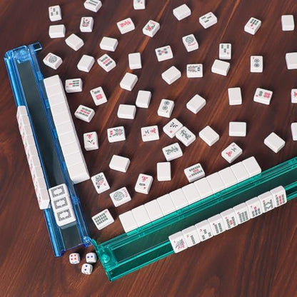 ZGME American Mahjong 세트, 인쇄된 직사각형 가방 및 액세서리가 있는 166개의 화이트 타일, 푸셔가 있는 올인원 마작 랙 4개, 완벽한 웨스턴 마작 세트 - color: 라이트 블루