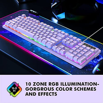 NPET K10 Wired RGB Purple Membrane Keyboard for PC Desktop | Spill Resistant, Multimedia Hotkeys, Quiet Membrane Gaming Keys