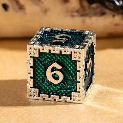 UDIXI Metal DND Dice Set, Metal Dice Set D&D for Tabletop Games (Green) | 7-Pieces, Dragon Carved, Chain-edge Design, Metal Gift Box, DM Gift, for Dungeons and Dragons Role Playing Games - color: Chain Frame-silver Green
