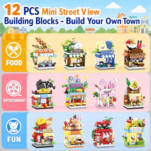 12 PCS Mini Street View Building Bricks Set, Modular City Shop Model, DIY Tiny Town Collection, Aesthetic Tabletop Decor, Holiday & Birthday Gifts for Adults