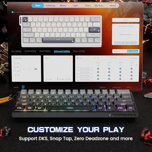 ATTACK SHARK MAMBASNAKE X60 HE Wireless 8K Mechanical RT Keyboard-Moonlight | Tri Mode-2.4Ghz/BT/Wired,Hall Effect Magnetic Switch,RGB Backlight,0.01mm Accuracy,4000 mAh battery,Web Driver for PC Win Mac - color: Moonlight, size: Keyboard