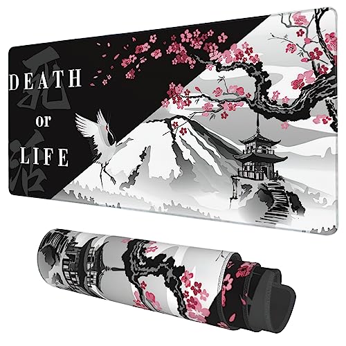 Desk Mat, Black and White Cherry Blossom Extended Gaming Mouse Pad Large, 35.4"x15.7" Big Mouse Pad with Non-Slip Base and Stitched Edge, Long Computer Keyboard Mouse Mat for Home Office Work - color: Black and White Cherry Blossom, size: XXL-35.4"x15.7"