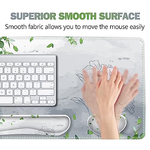 ARTSO Gaming Mouse Pad Wrist Support Set, XXL Large Desk Mat Mousepad + Keyboard Wrist Support+ Mouse Wrist Rest+Coaster 4in1 Ergonomic, Memory Foam -Green Leaves and Line Flower - color: Green leaves and Line Flower